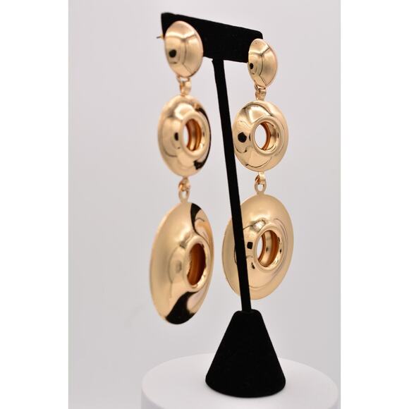 Vintage Chunky Dangle Earrings Shiny Gold Tone Puffy Metal Bold Long 1990s BinZ - Picture 5 of 12